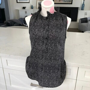 J.Crew Sleeveless Ruffle Collar Pull-On Blouse Herringbone Print Blk Wht Sz M